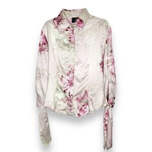 Just Cavalli Pink Green Floral Printed Satin Button Down Shirt Blouse Size 42